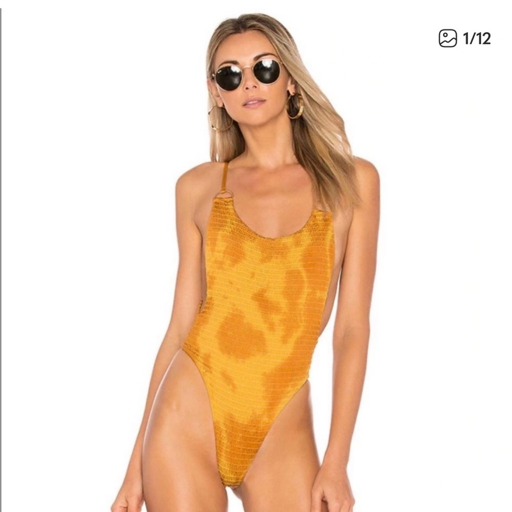 Golden Yellow Tie Dye Scrunched Ruched One-Piece Thong Swimsuit Small